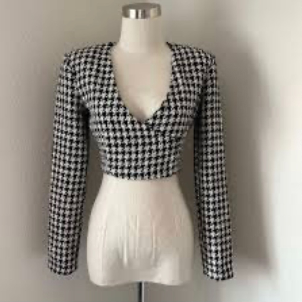 Zara Tweed Houndstooth Faux Wrap Crop Top In Black White Color Sz S